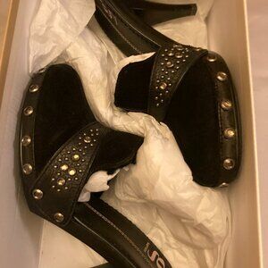 Delman Suede Leather Moccasin on Heel W/Tie, Pale Camel, Fur Lined Pump Sz 6.5B